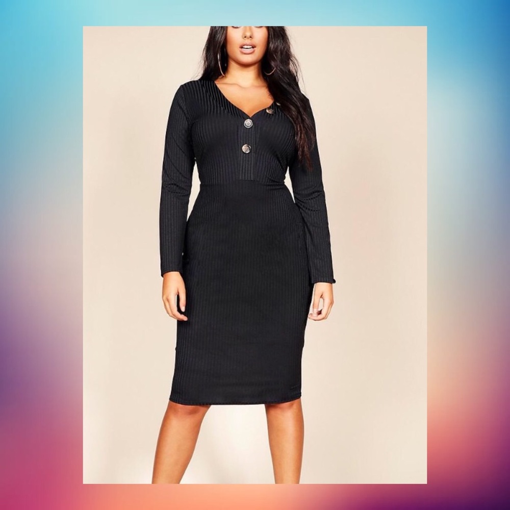 NEW sexy black Rib Button Midi office chic Dress